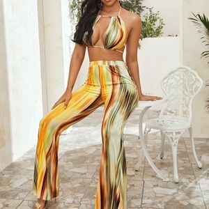 Tie-Dye wash Cropped halter top & Flare leg pant set